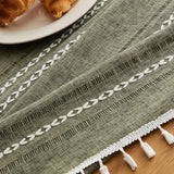 Hemstitched Embroidery Striped Boho Tablecloth 54x70 Inch Olive, Heavy Weight Farmhouse Burlap Linen
