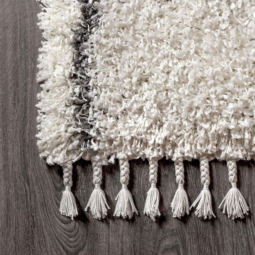 Mercer Shag Plush Tassel Ivory/Gray Indoor Area Rug, 3x5, Moroccan Geometric Trellis, Easy-Cleaning