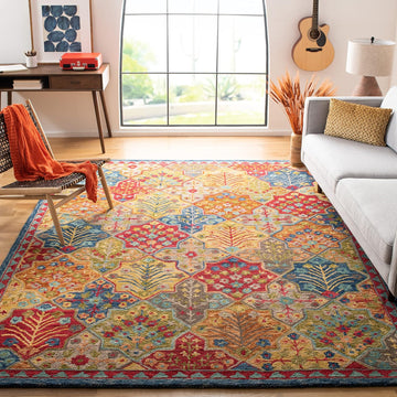 Aspen Area Rug - 10' x 14', Blue & Orange, Handmade Boho Wool