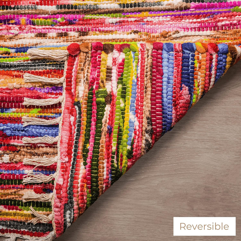 Multicolor Bohemian Rug Boho Striped Recycled Cotton Chindi Area Rugs with Decorative Tassels