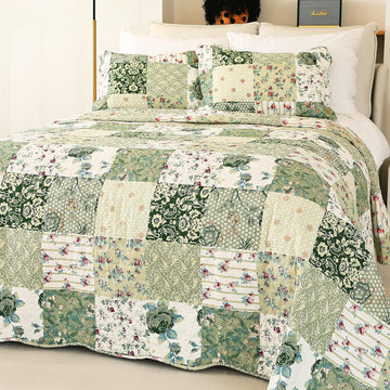 Summer Floral Queen Quilted Bedspread,Romantic Green Quilt Set,Reversible Stitched Bedding Cover All Season,Soft