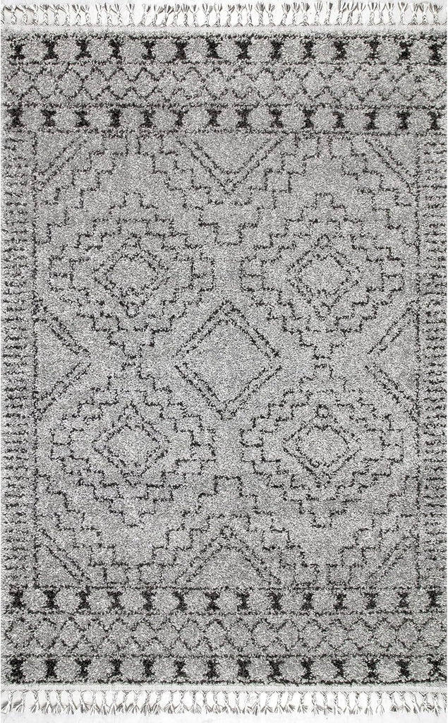 Vasiliki Grey/Ivory, 4' Square, Moroccan Shag, Tassel, Soft and Plush, High Traffic, Stain Resistant, Easy Clean
