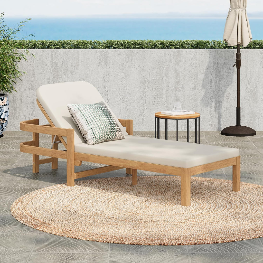 Acacia Wood Chaise Lounge with Adjustable Backrest, 77.5" Outdoor Sun Lounger with Cushion, Modern Patio