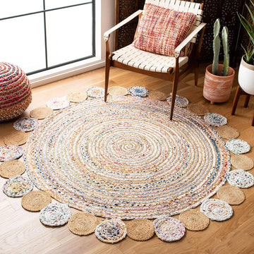 Cape Cod Collection Area Rug - 5' x 7' Oval, Beige & Multi, Handmade Boho Braided Jute & Cotton, Ideal for High