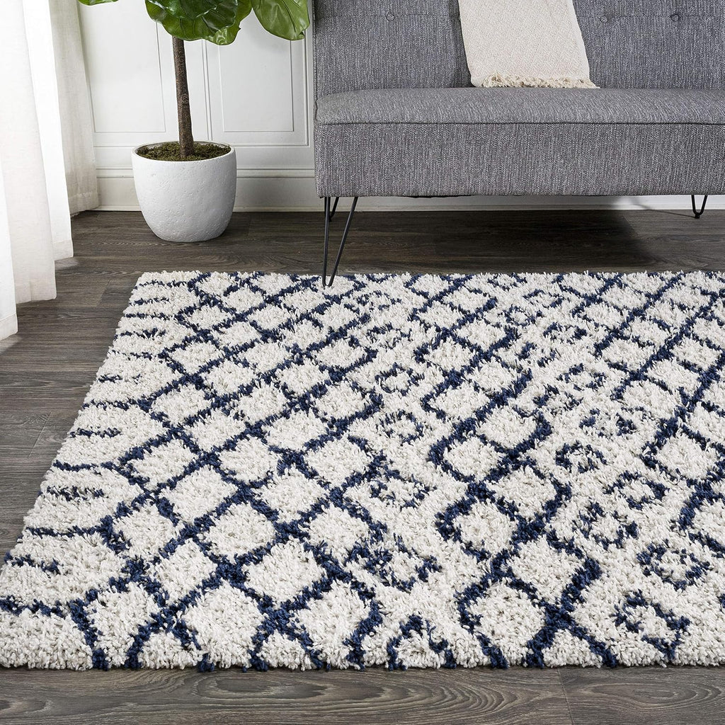 Diamond Shag Beige/Navy Indoor Area Rug, Algaida Moroccan, Easy-Cleaning, High Traffic, Pet-Friendly