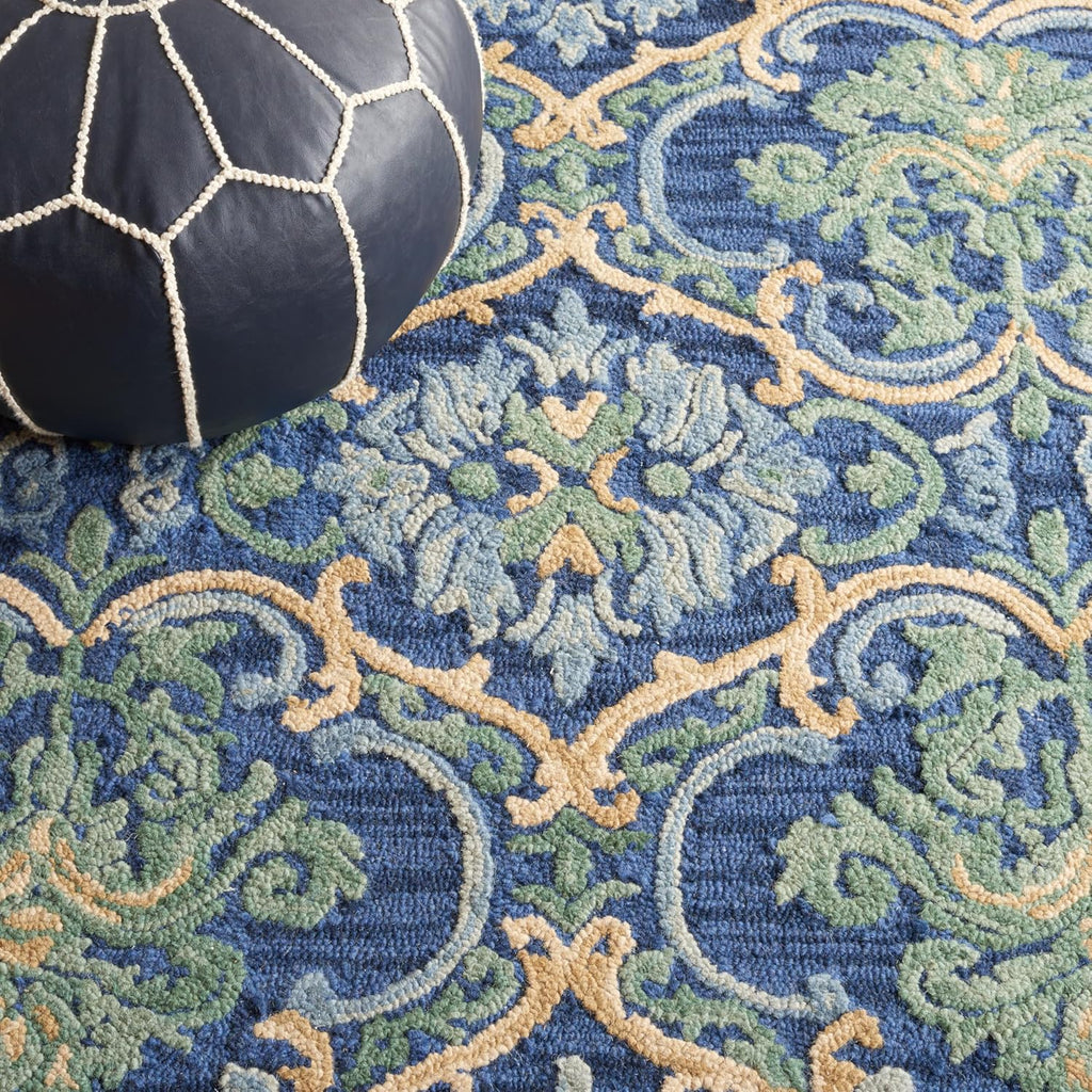 Blossom Area Rug - 10' x 14', Navy & Green, Handmade Boho Fringe Wool