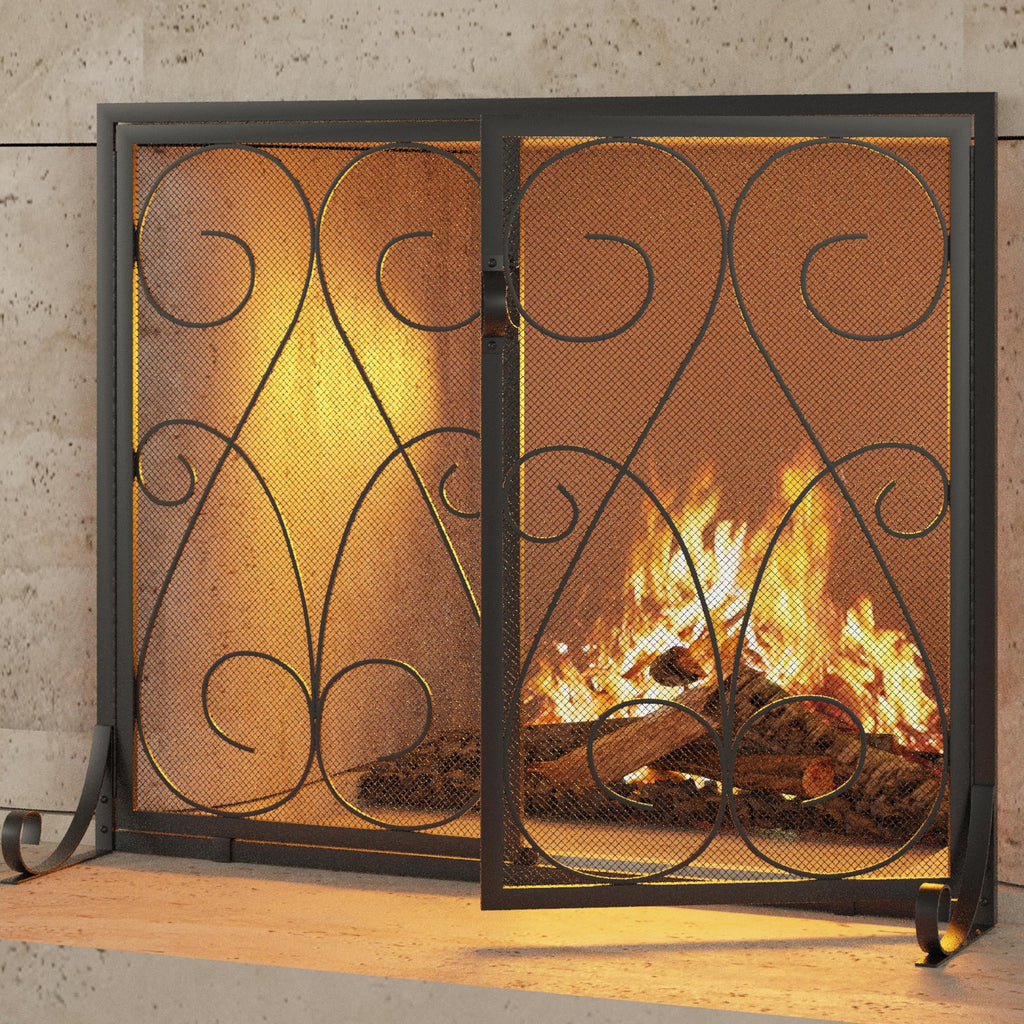 2-Panel Fireplace Screen with Doors Handcrafted Wrought Iron Decorative Mesh, Symmetric Scroll Fire Spark Guard-Black