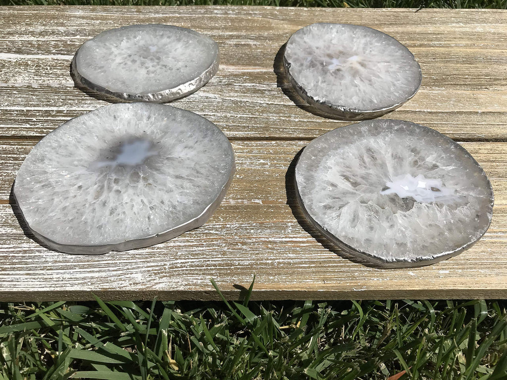 Agate Coaster Set of 4 - Silver Plated Authentic Brazilian Agate Coasters - White