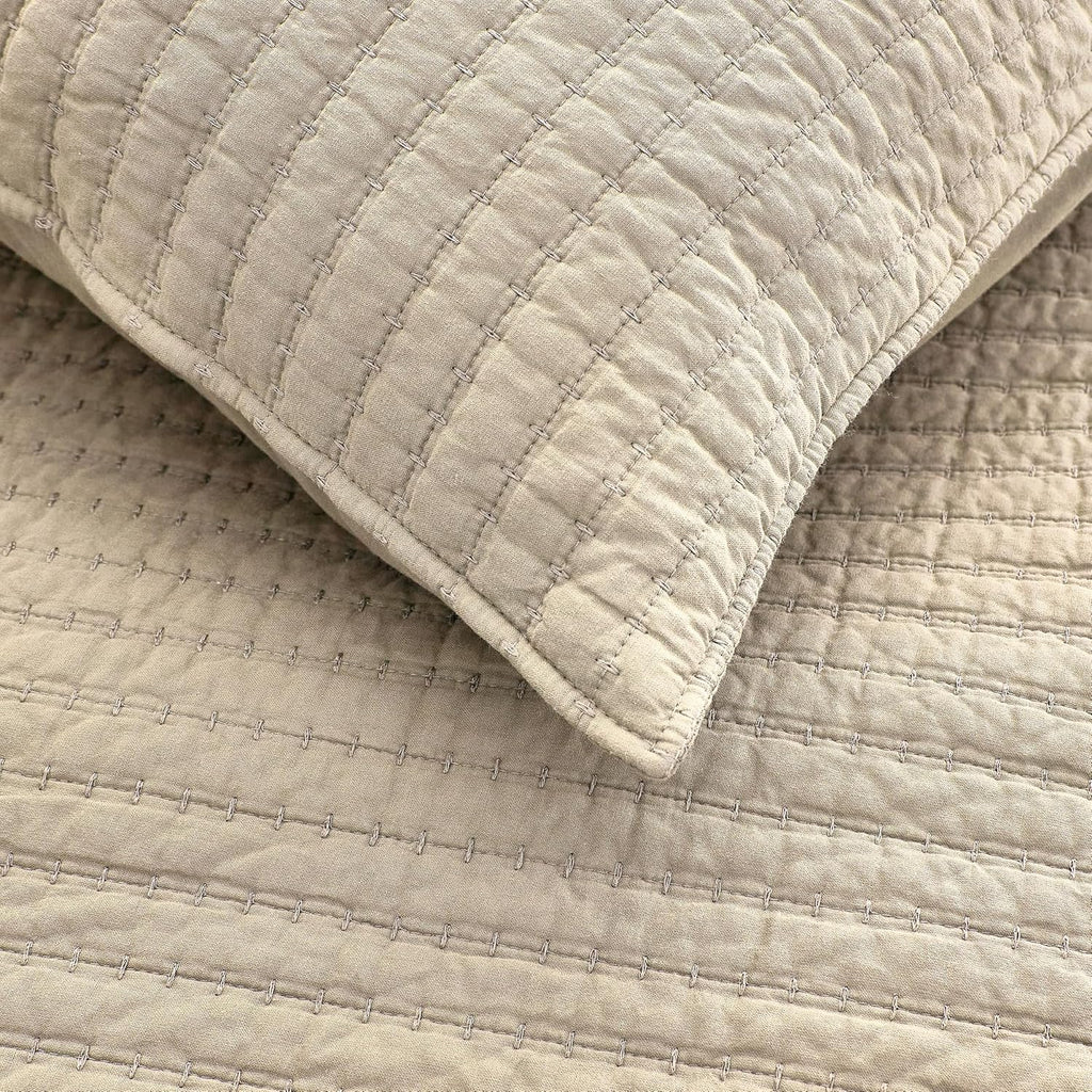 100% Cotton Oversized King Quilt Set - Beige California Cal King Striped Pick Stitch Soft Lightweight Bedspread
