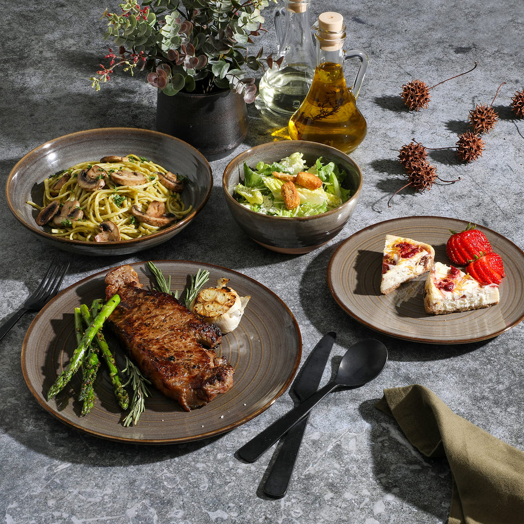 16 Piece Dreamweaver Double Bowl Terracotta Reactive Dinnerware Set - Earthy Brown, Service for 4 (16pcs)