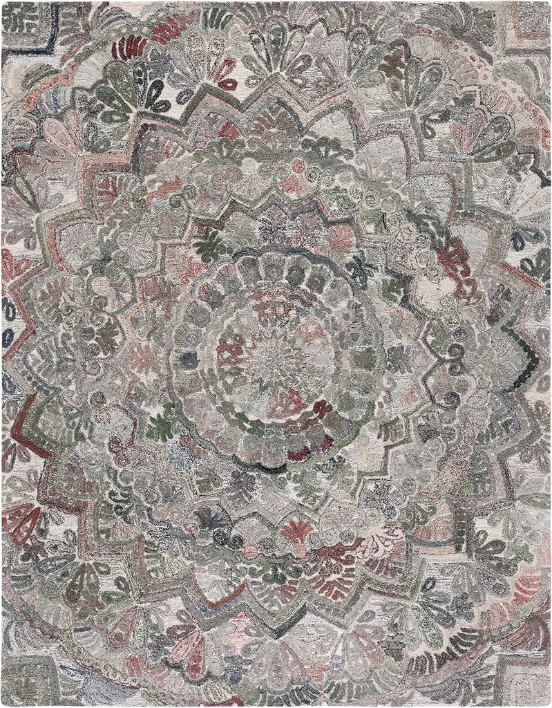 Marquee Area Rug - 10' x 14', Grey & Multi, Handmade Mandala Medallion Wool