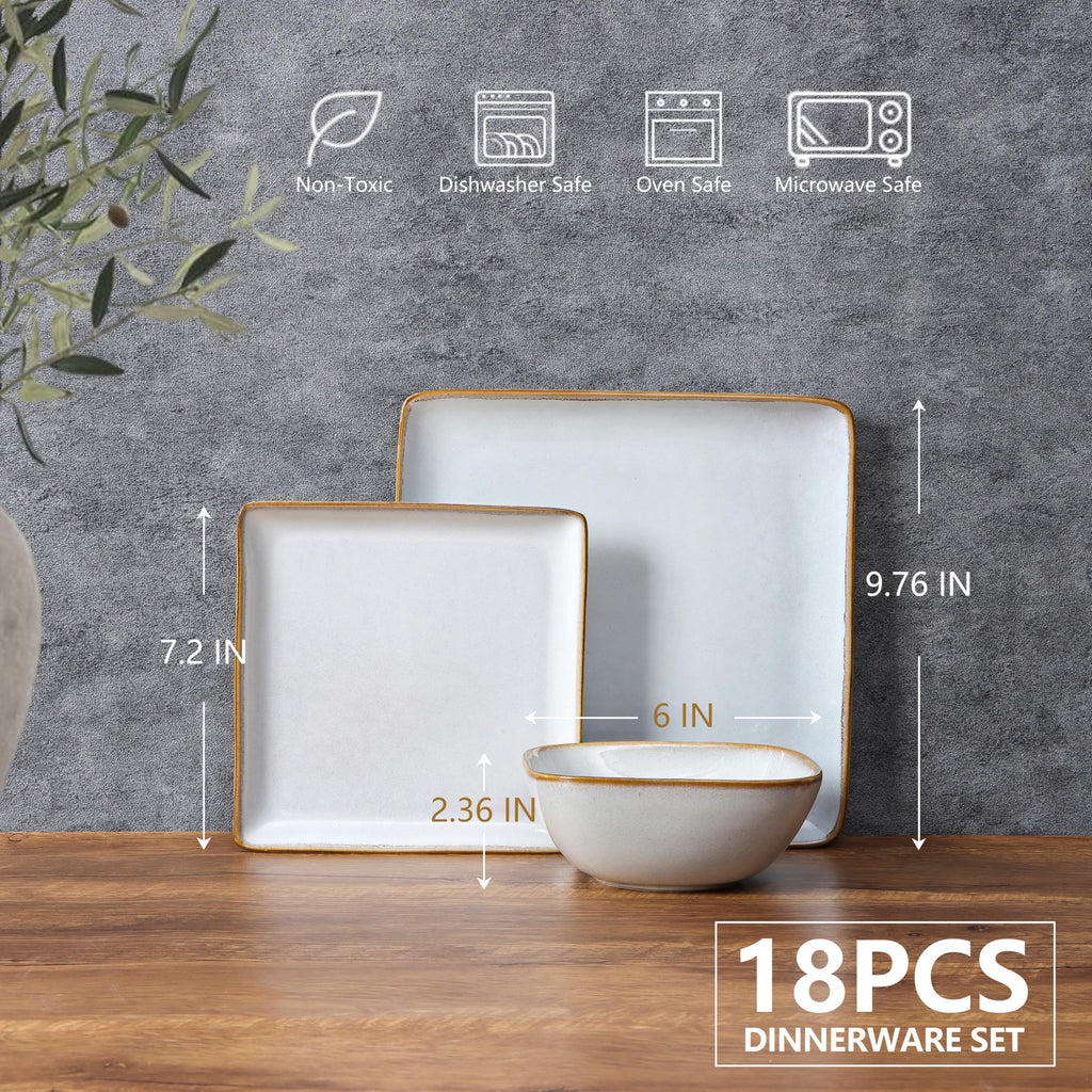 Square plates and bowls Sets for 6, 18-Piece Reactive Glaze Stoneware Dinnerware Sets, Porcelain Dishware Sets Home
