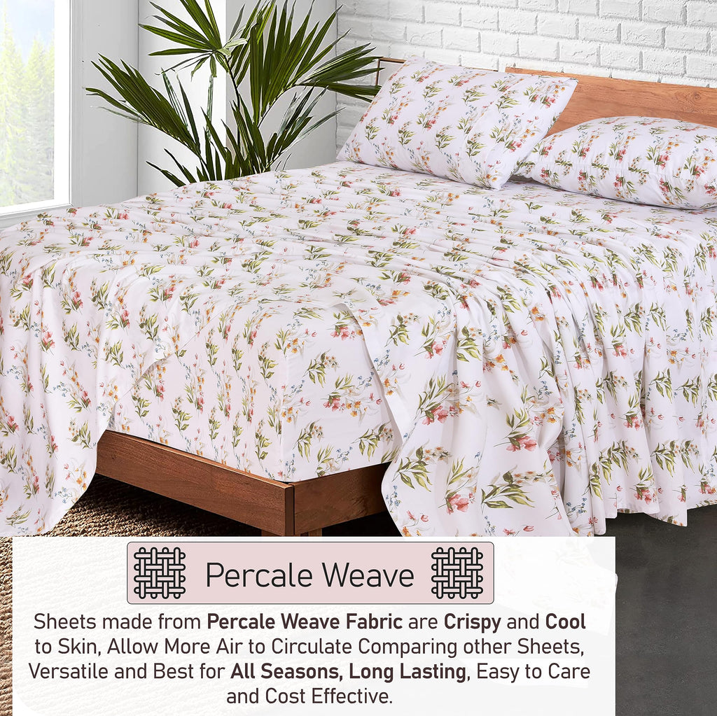 100% Cotton Split King Sheets, Percale Sheet Set, Floral Bliss