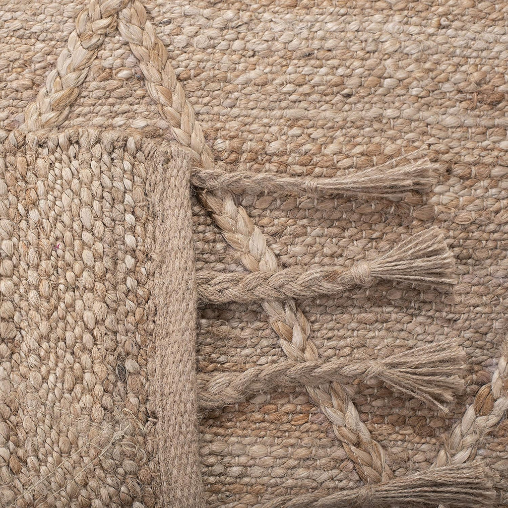 Natural Fiber Collection Area Rug - 4' Square, Natural, Farmhouse Rustic Moroccan Trellis Braided Tassel Jute Design
