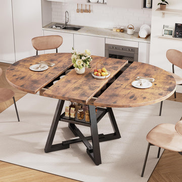 43''-57'' Extendable Round Dining Table for 4-6, Modern Industrial Kitchen Oval Dining Table with Removable Leaves