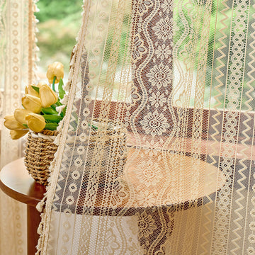 Beige Boho Lace Sheer Curtains with Tassels 84 Inch Length 2 Panels Vintage Floral Bohemian Pattern French Rustic