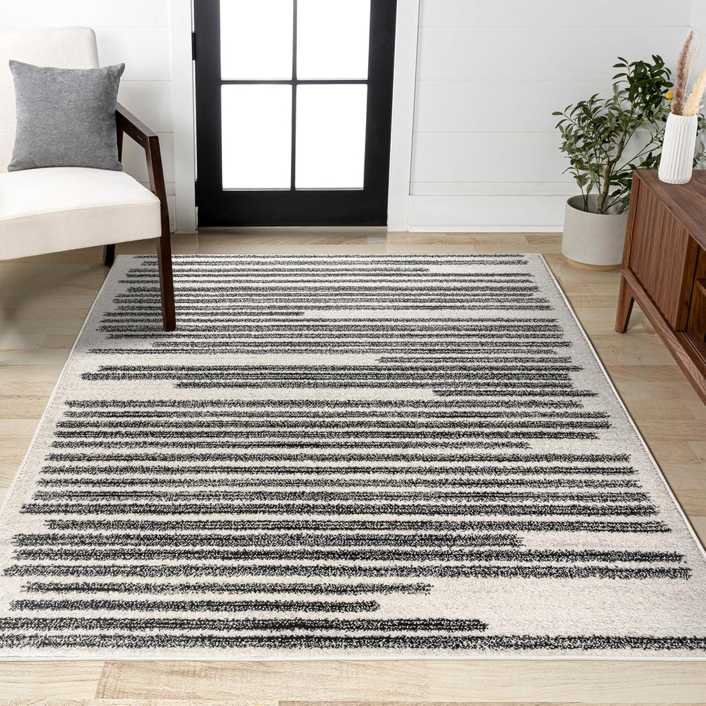 Khalil Modern Berber Stripe Cream/Black Indoor Area Rug, 8x10, Contemporary, Bohemian, Easy-Cleaning