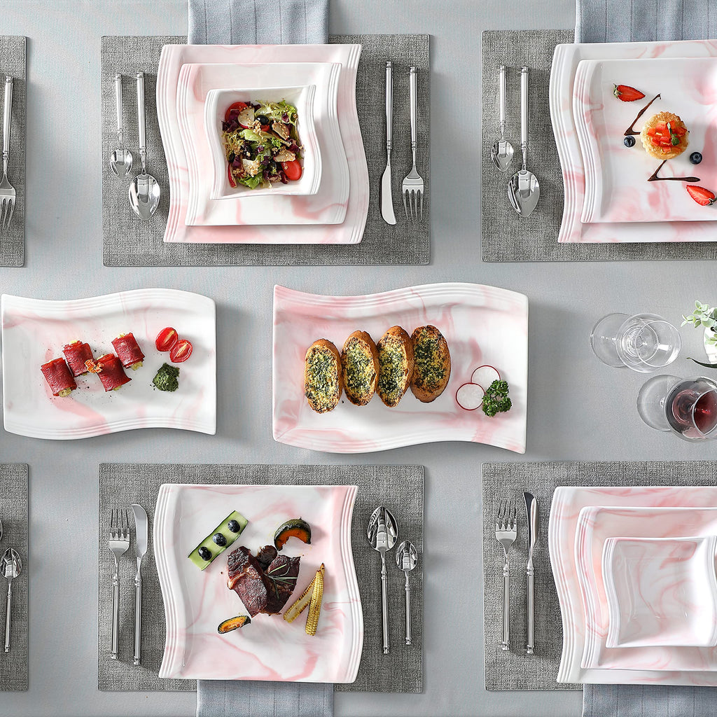 Plates and Bowls Sets, 26 Pieces Pink Dinnerware Sets for 6, Porcelain Dinnerware Set with Dinner Plates and Bowls