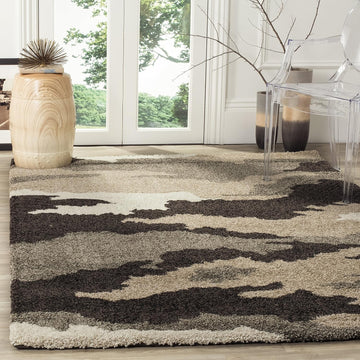 Florida Shag Collection Area Rug - 4' Square, Beige & Multi, Camouflage Design, Non-Shedding & Easy Care, 1.2-inch
