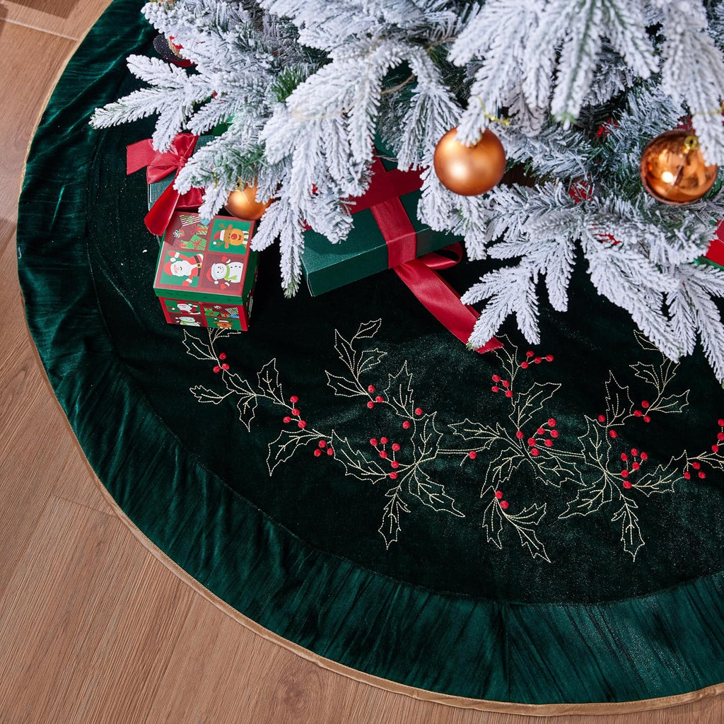 X.Sem Holly Leaf Embroidered Velvet Christmas Tree Skirt with Pleat Velvet Border 50'' (Dark Green, 50 inch)