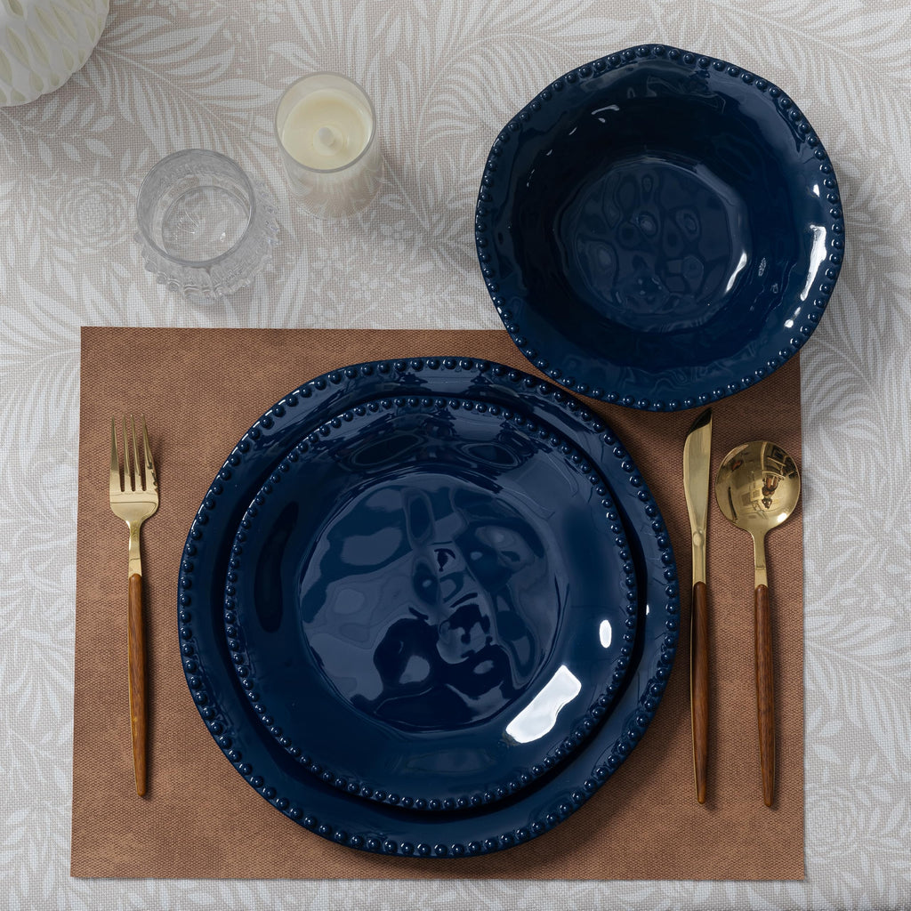 12 Piece Melamine Beaded Dinnerware Set, Service for 4, Dark Blue
