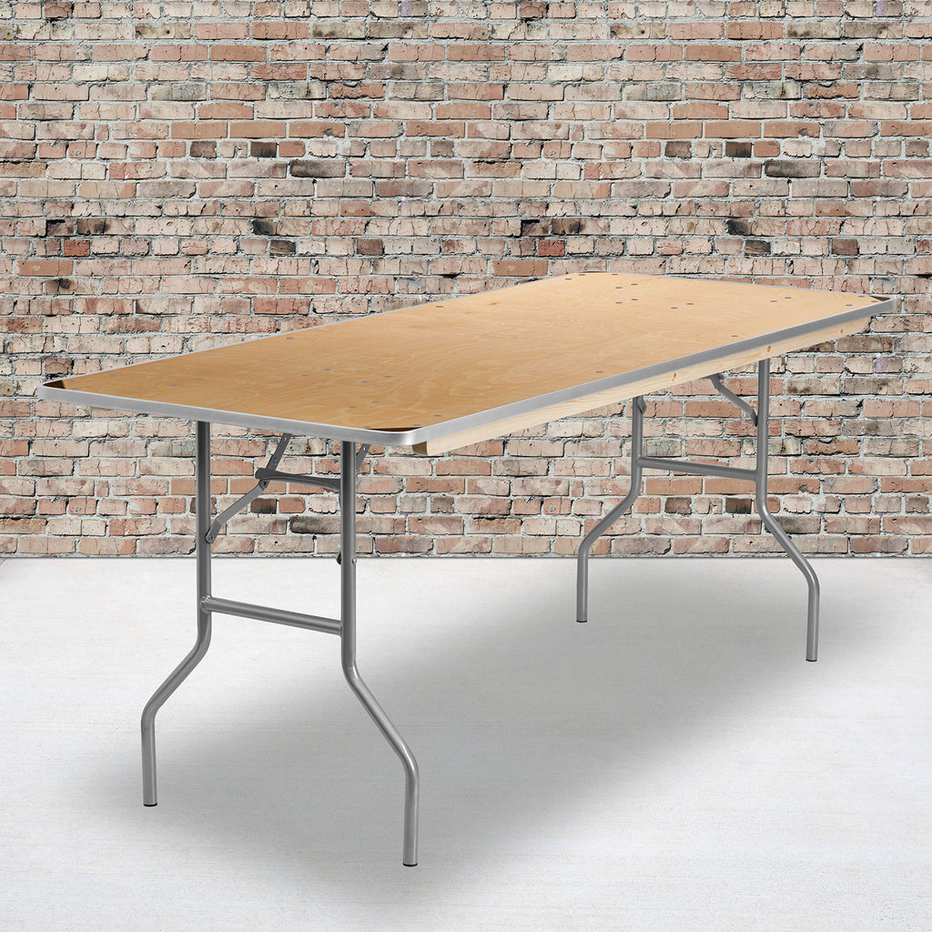 6 ft Rectangular Birchwood Folding Banquet Table with Metal Edges + 72" Bar Top Riser