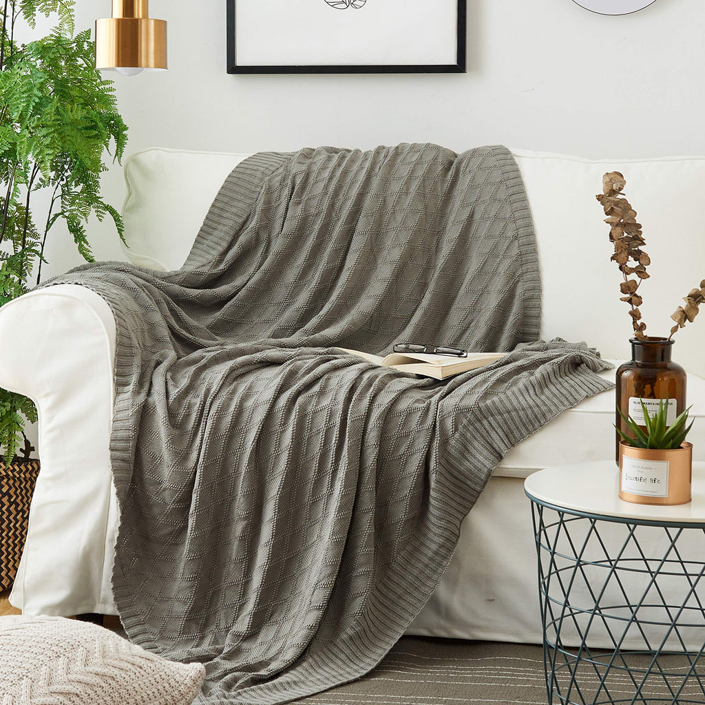 Cable Knit Cotton Light Grey Throw Blanket for Couch Sofa Beach Chair Bed Home Decorative Soft Warm Cozy Lightweight