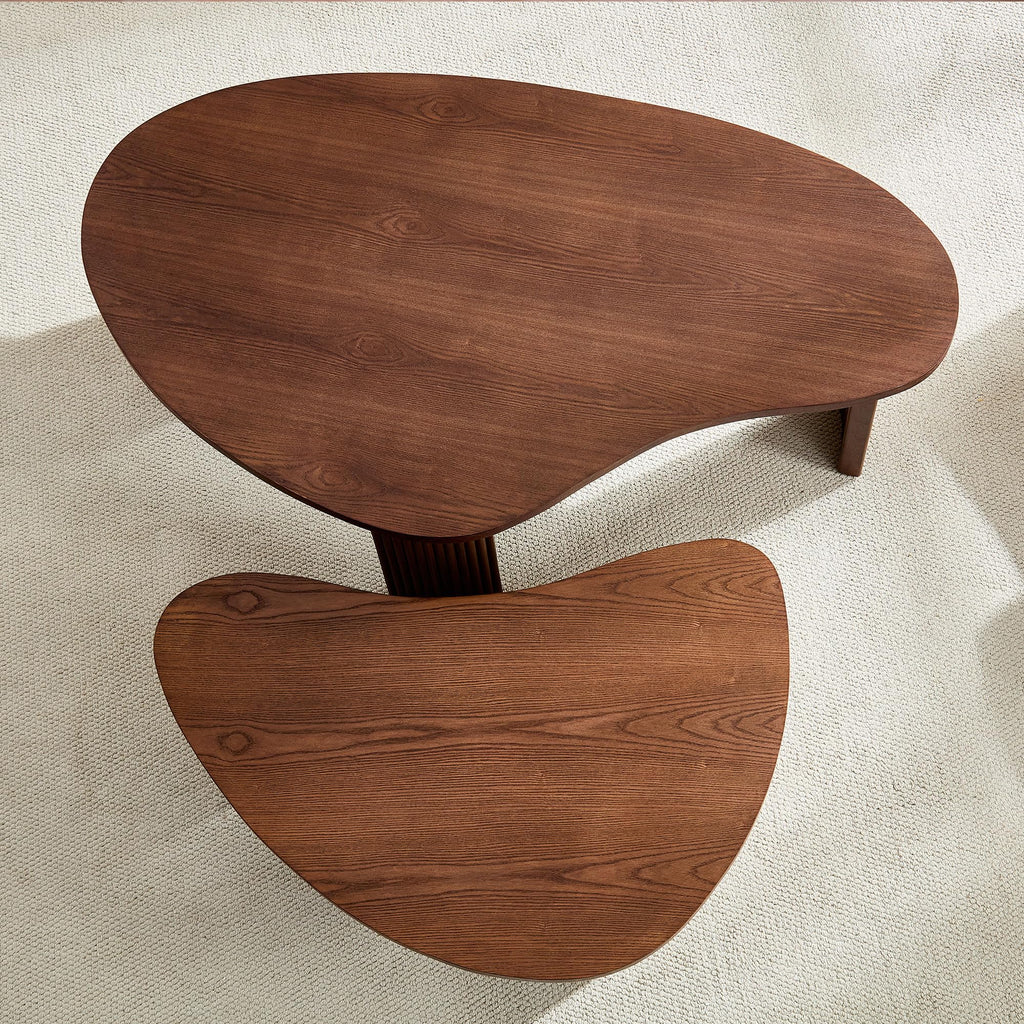 Nesting Coffee Tables Set of 2, Vintage 2 Piece Irregular Wood Center End Side Apartment, Unique Triangle Shaped with