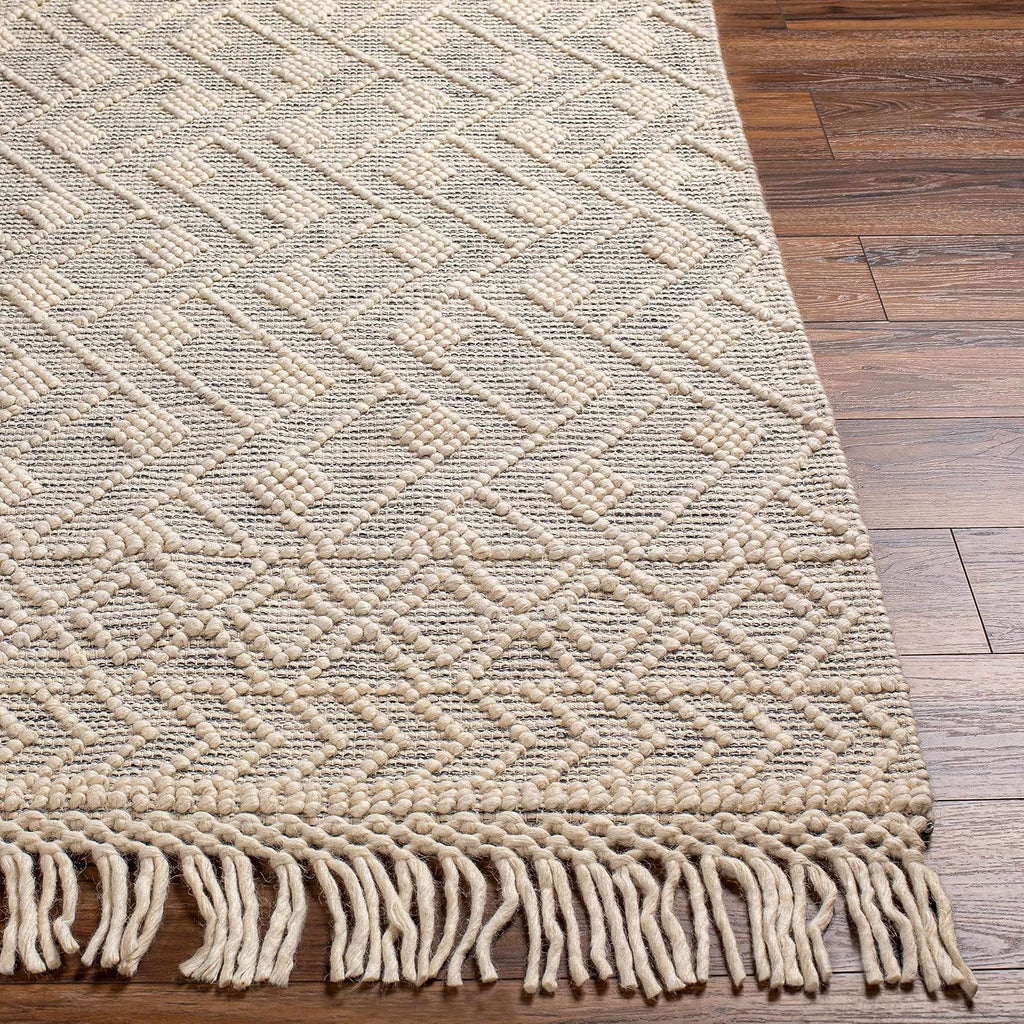 Erica Wool Living Room, Bedroom Area Rug - Geometric Diamond Trellis Border - Traditional Transitional Scandinavian