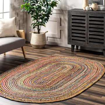 Aleen Multicolor Striped Braided Area Rug, Oval 3' x 5'
