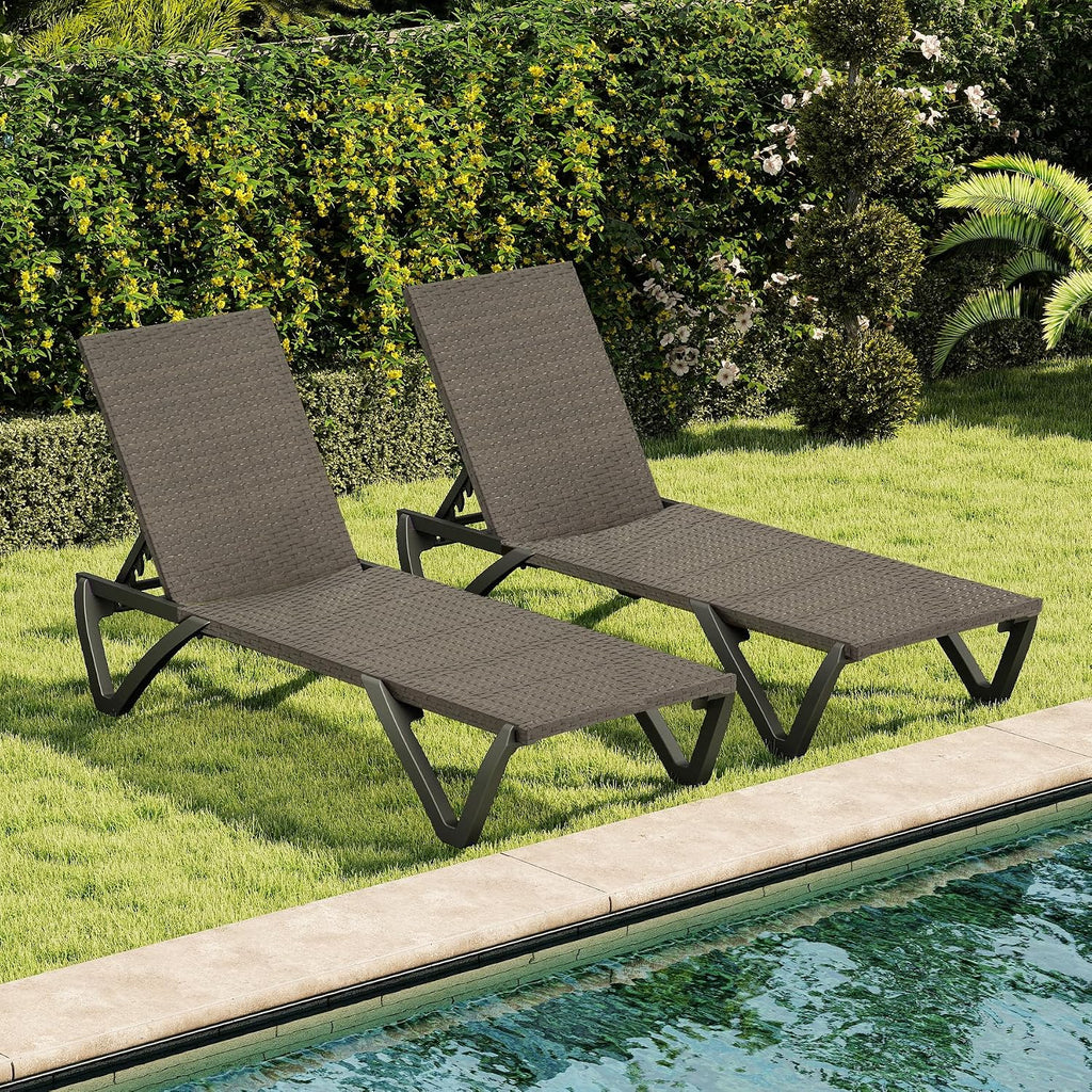 Pool Lounge Chairs Set of 2, Wicker Adjustable Outdoor Chaise Lounge with Wheels, All Weather Poolside Chairs for