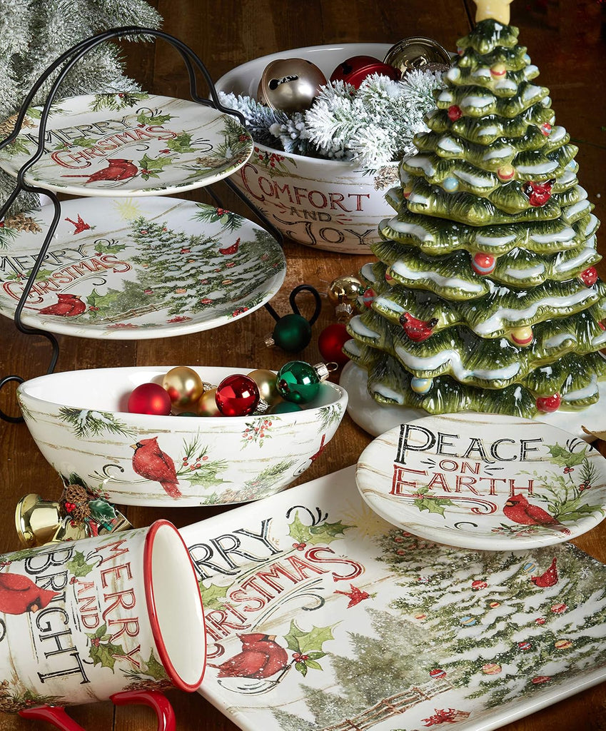 Evergreen Christmas Tree Cookie Jar - 64oz Ceramic Holiday Treat Canister with Vintage Charm, Snowy Branches &