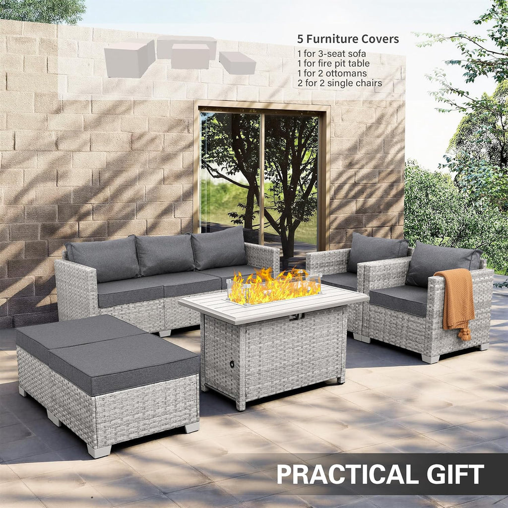 Patio Furniture Set 6 Piece PE Rattan Outdoor Conversation Sets Grey Wicker Couch Sectional Sofa with Fire Pit