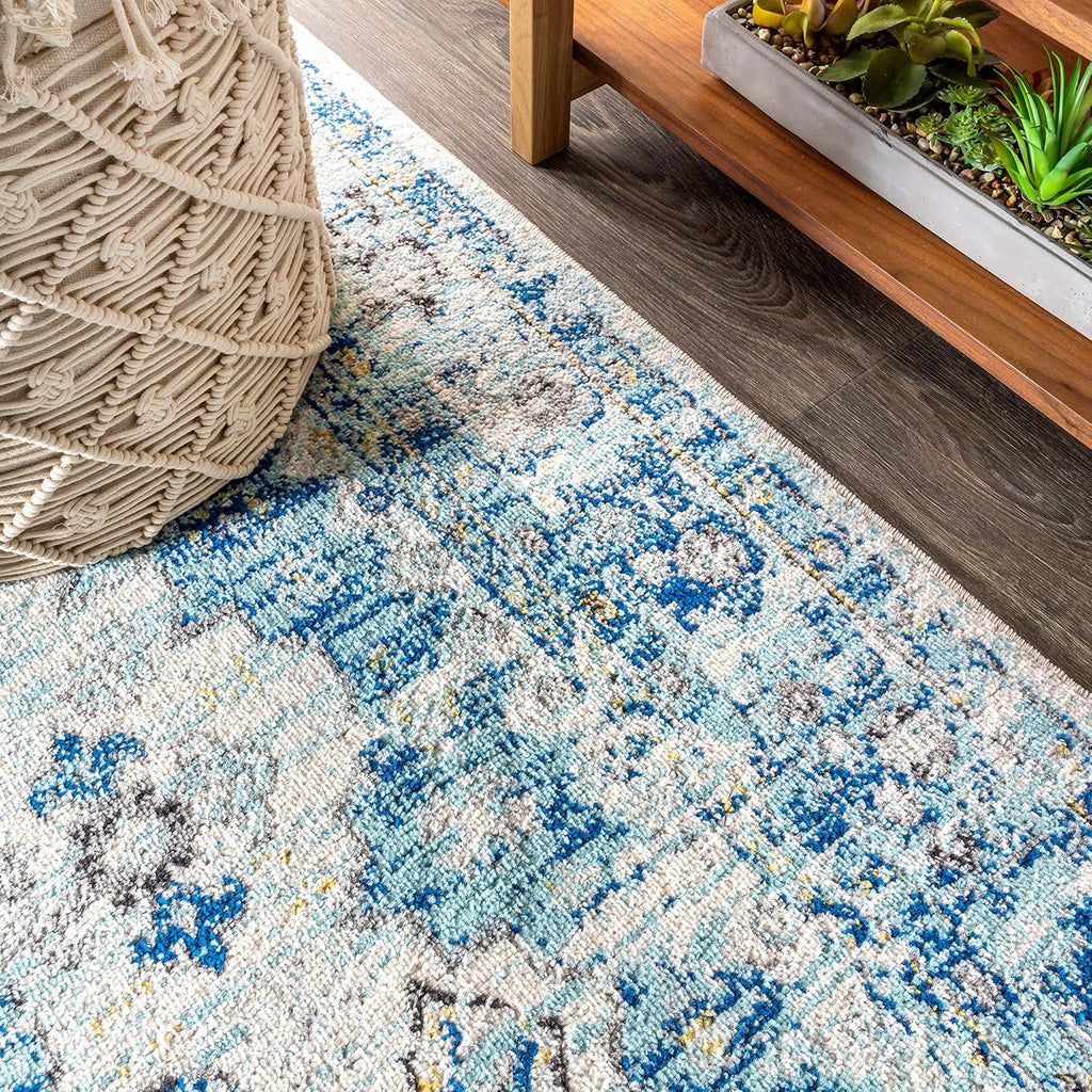 Modern Boho Vintage Medallion Cream/Blue Indoor Area Rug, Bohemian, Traditional, Easy-Cleaning, Pet Friendly