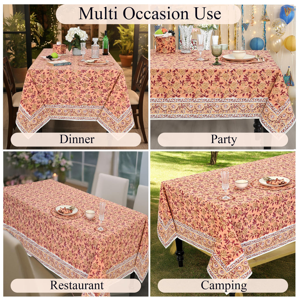 Apricot Rosette Vine Block Print Rectangle Tablecloth 52x70 Inch