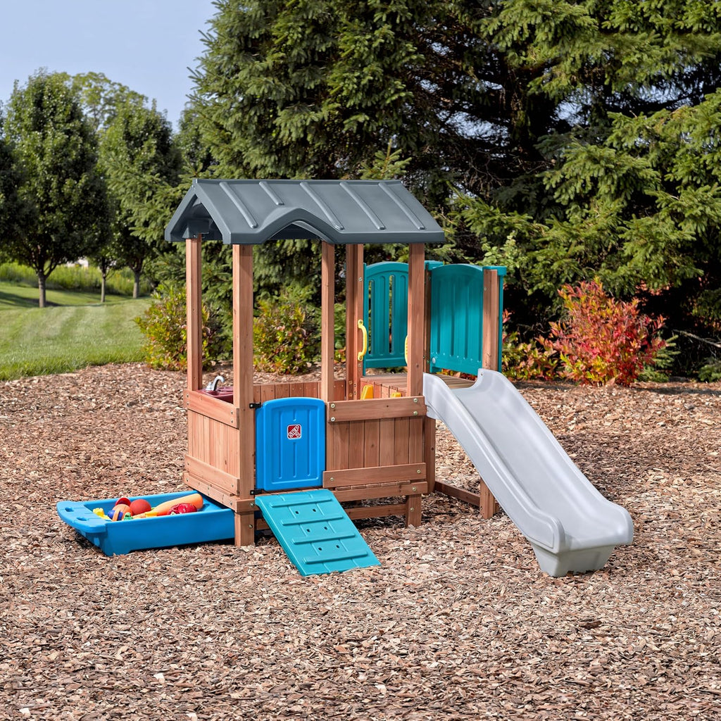 Woodland Adventure Playhouse & Slide, Kids Outdoor Playset, Backyard Playground Set, Swings, Storage Drawer, Made of
