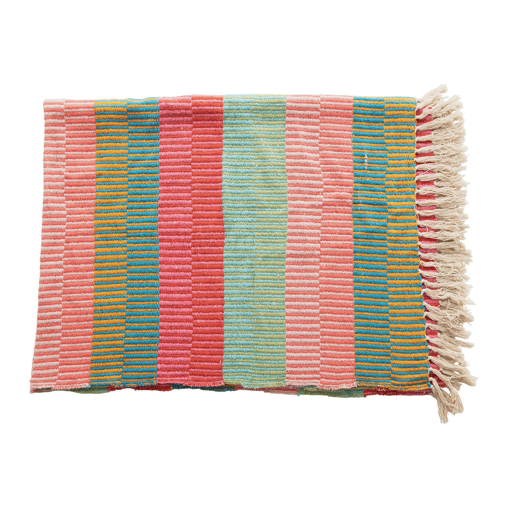 Woven Recycled Cotton Blend Striped Throw with Tassels, Multi Color