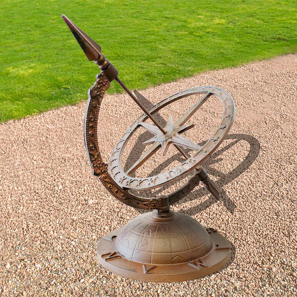 Cast Iron Armillary Sundial with Starburst | Decorative Garden Globe with Roman Numerals | Antique-Style Sphere, or