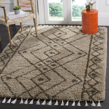 Moroccan Fringe Shag Collection Area Rug, Mushroom & Grey, Boho Tribal, Non-Shedding & Easy Care