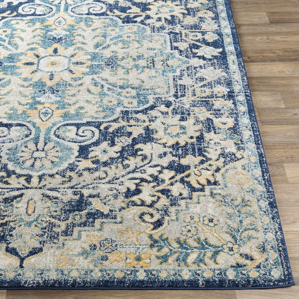 Lexington Living Room, Bedroom Area Rug - Medallion Floral Border Distressed Abstract - Traditional Oriental