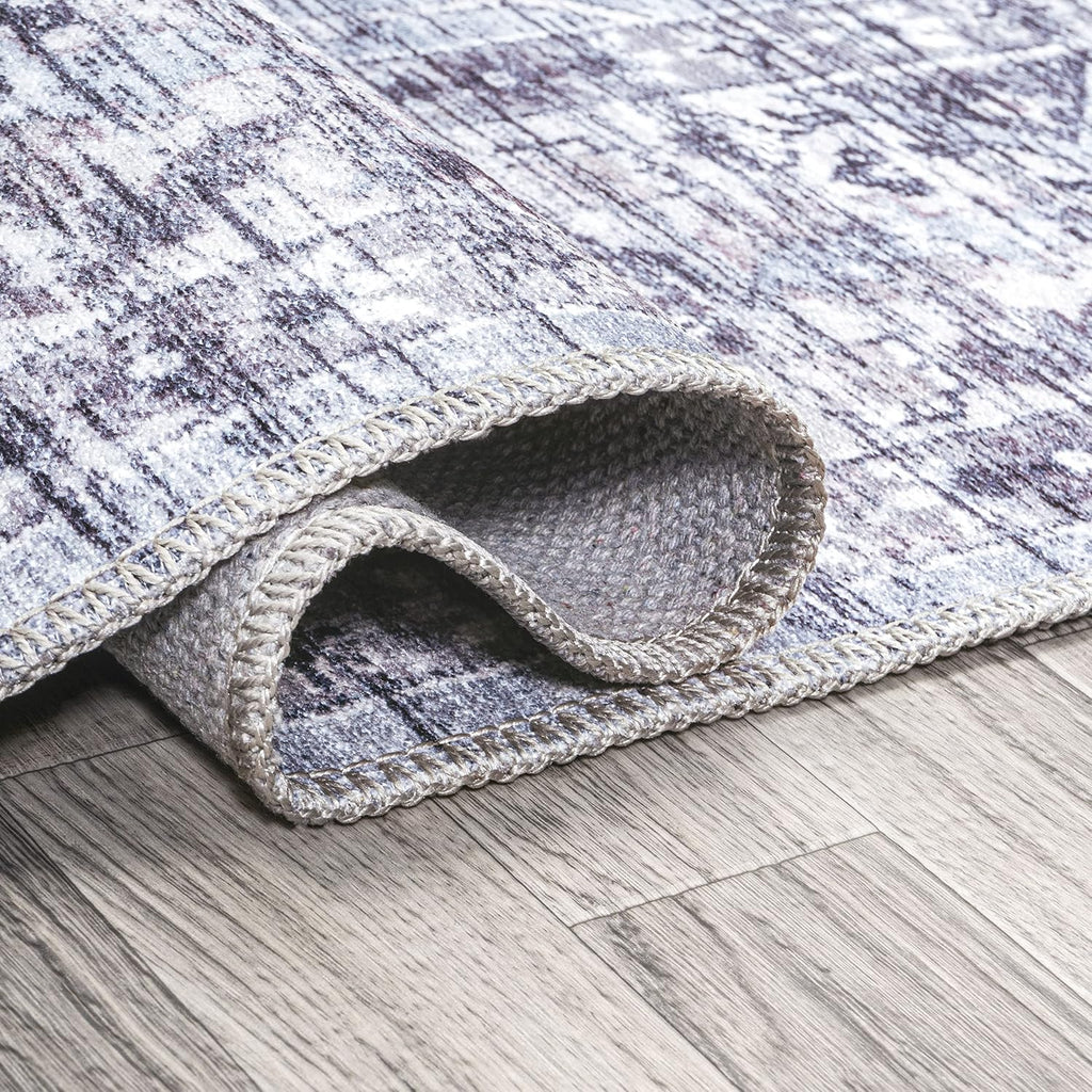 Machine Washable Gray/Purple Round Area Rug 8 ft, Didim Boho Medallion, Easy-Cleaning, High Traffic, Pet-Friendly