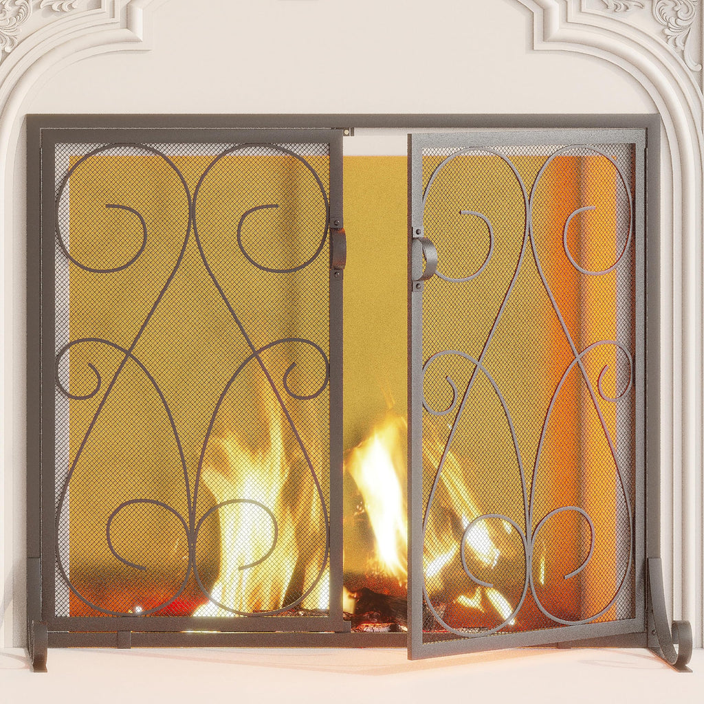 2-Panel Fireplace Screen with Doors Handcrafted Wrought Iron Decorative Mesh, Symmetric Scroll Fire Spark Guard-Black