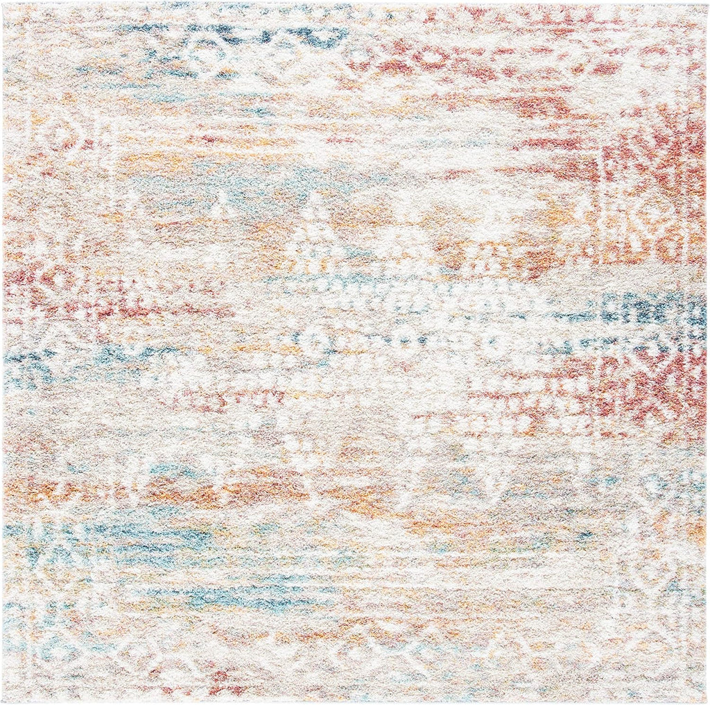 Calista Shag Collection Area Rug - 6'7" Square, Ivory & Beige, Moroccan Boho Design, Non-Shedding & Easy Care, 1-inch