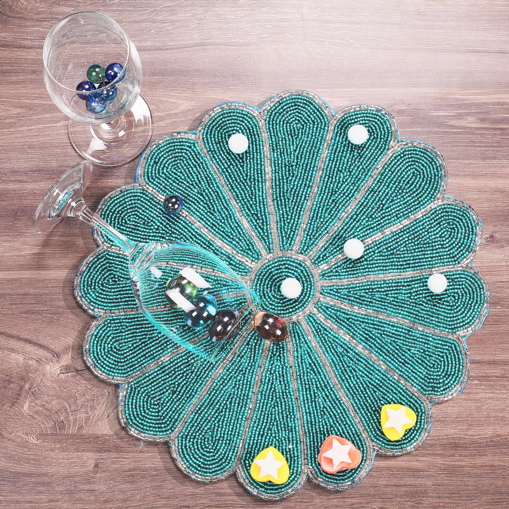 Beaded Placemats 13 Inch, Teal Silver Round Single Pack