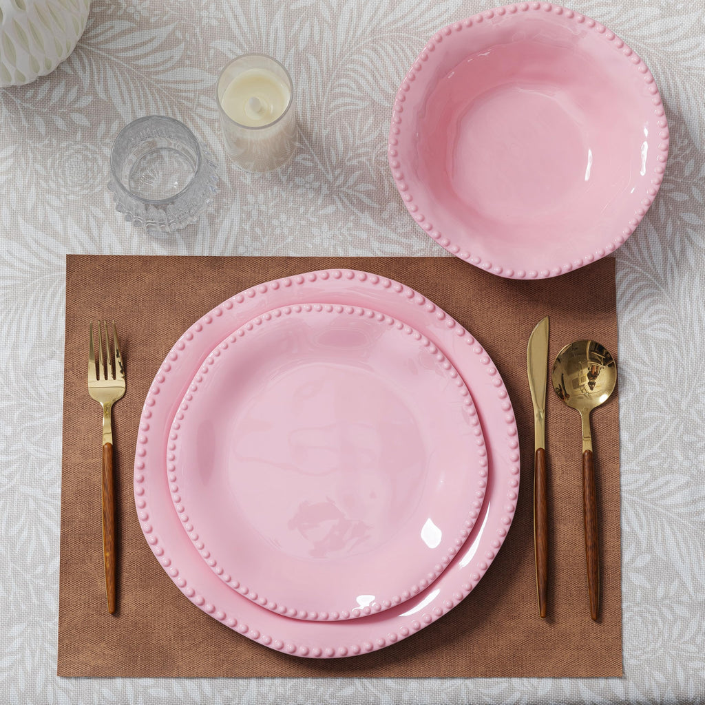 Pink Beaded Melamine Dinnerware Set, 12pcs Dots Plate and Bowl Set