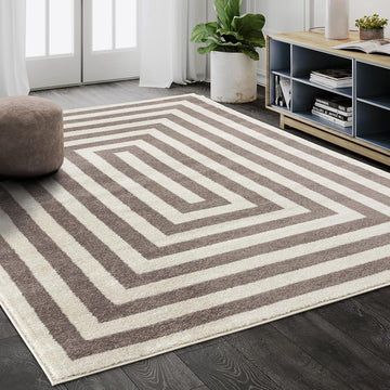 Contemporary Beige & Ivory Area Rug, Contrasting Geometric Modern Stripe Symmetrical Living Room