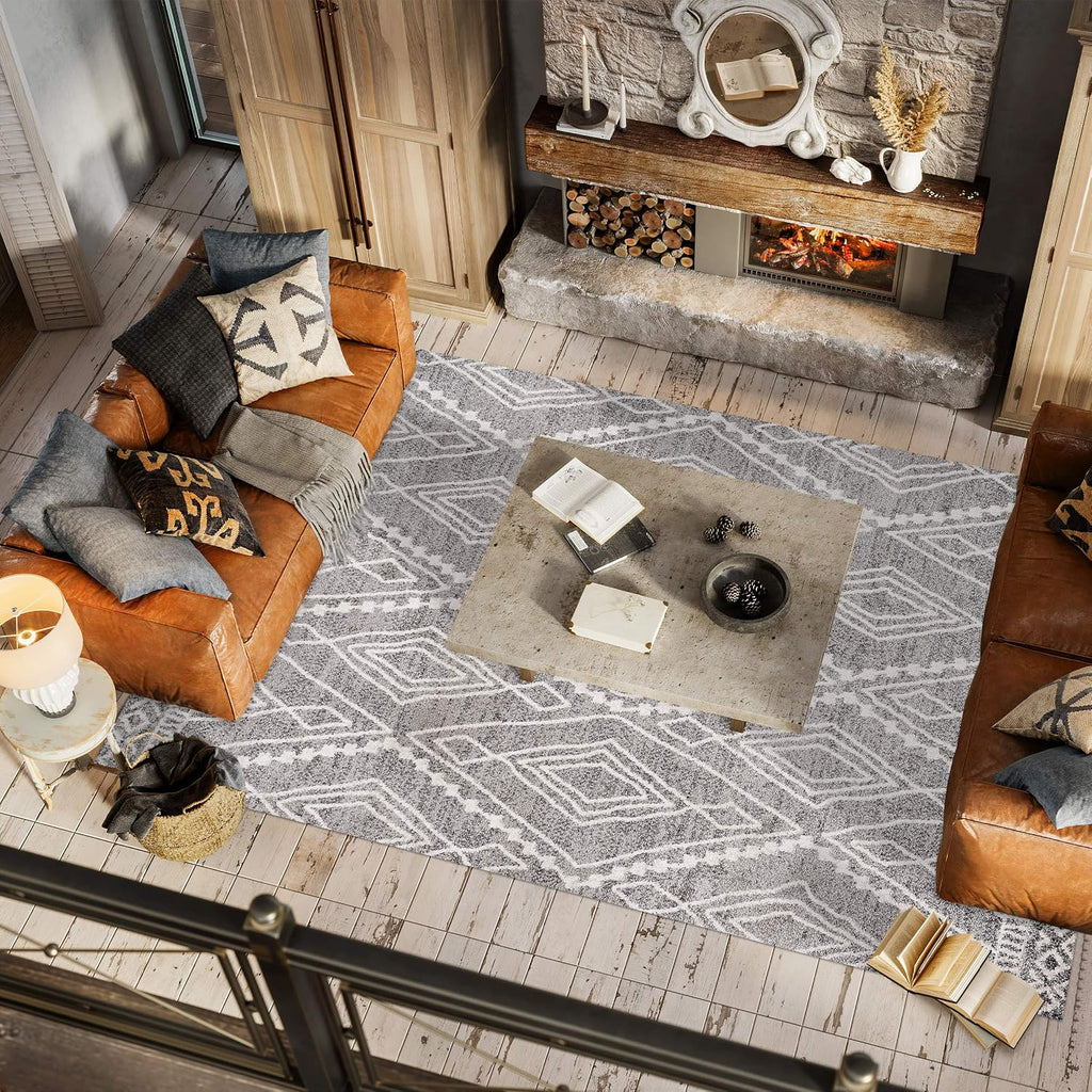 Rih Moroccan Style Diamond Gray/Ivory Indoor Area Rug, Bohemian, Casual, Easy-Cleaning, Pet Friendly