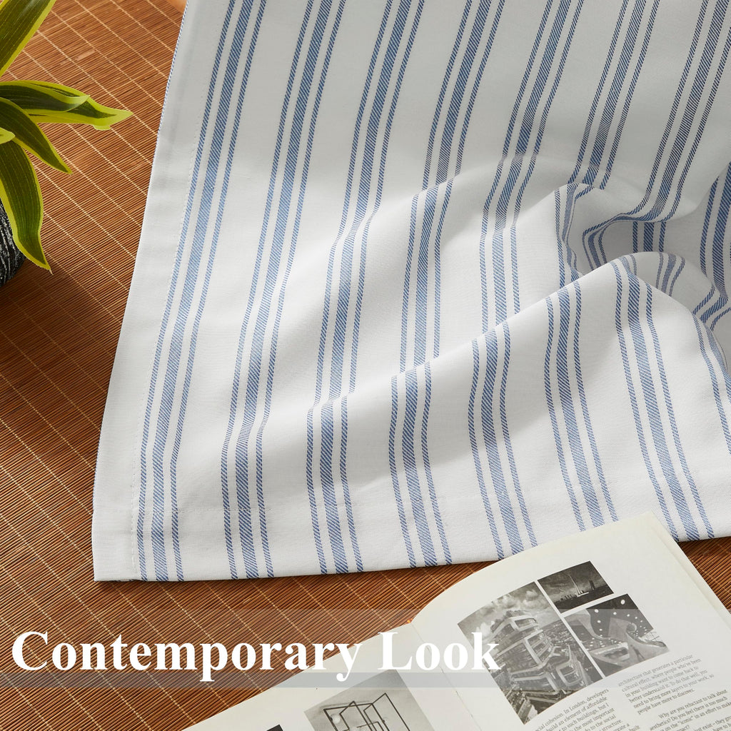 Blue Striped Blackout Curtains 84 Inches Length, Back Tab Rod Pocket