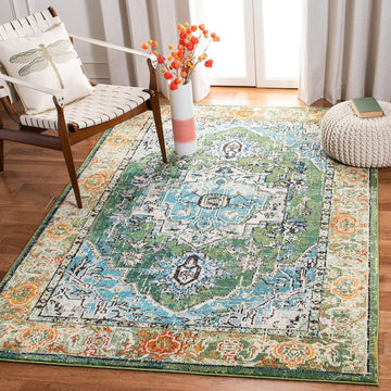 Monaco Collection Area Rug, Green & Turquoise, Boho Oriental Medallion Design, Non-Shedding & Easy