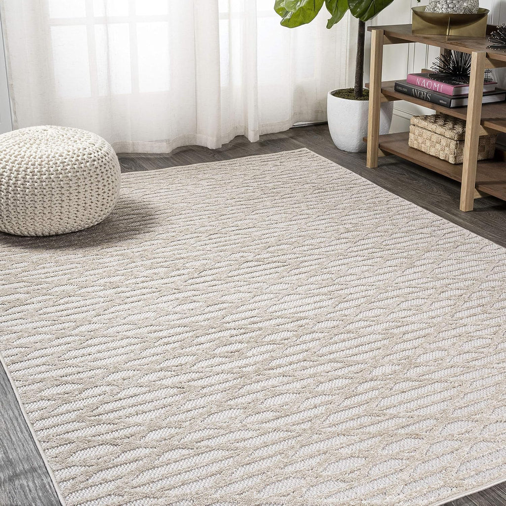 Moroccan Diamond Indoor Outdoor Area Rug Beige, Ararat High-Low Pile Modern for Backyard, Patio, Porch